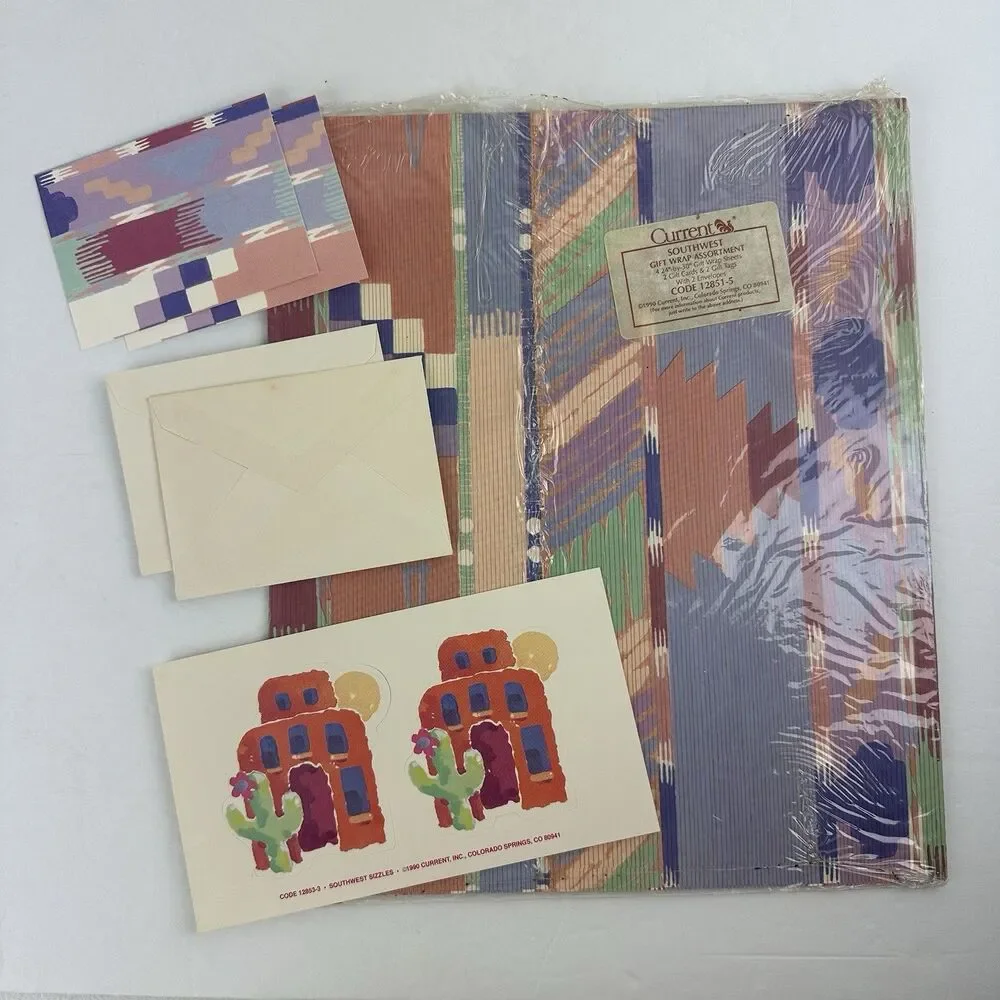 Vintage Lot 6 Flat Fold Gift Wrapping Paper Sets 90s Southwest Cactus Geometric